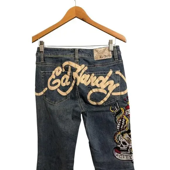 Ed Hardy Women's Embroidered New York City Eagle Slim Flare Jeans Size 28 G - Picture 5 of 7